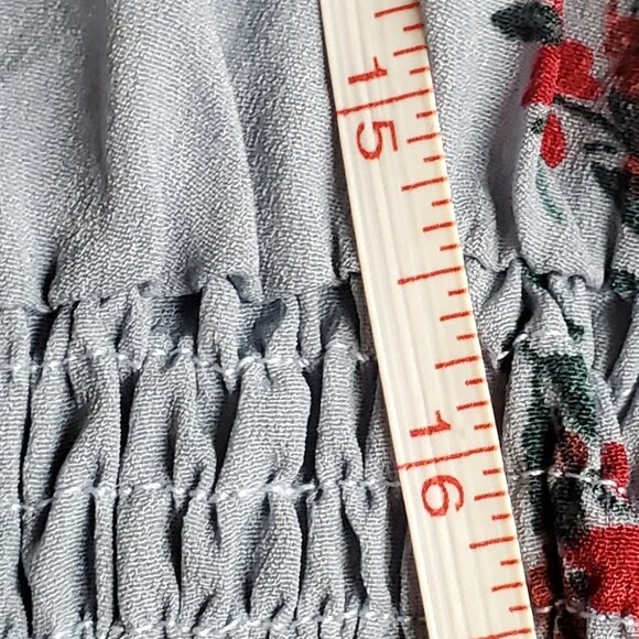 Dust Blue Floral Ruffle Pocket Surplice Dress - 2X - Picture 5 of 7